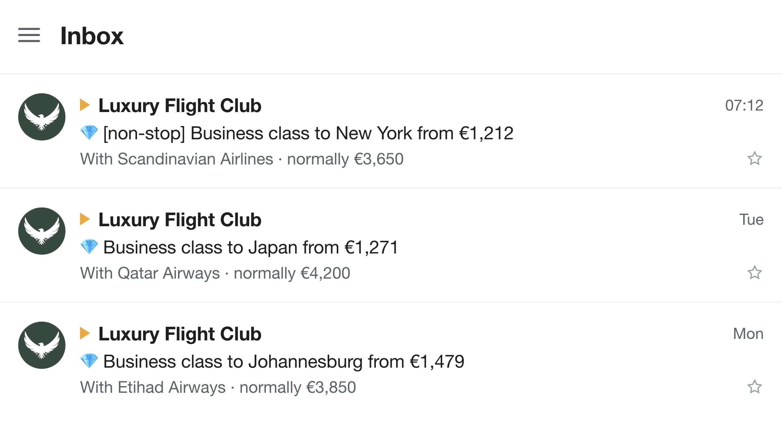 An inbox of fare alerts: business class to New York from €1,212, normally €3,650; business class to Japan from €1,271, normally €4,200; business class to Johannesburg from €1,479, normally €3,850.