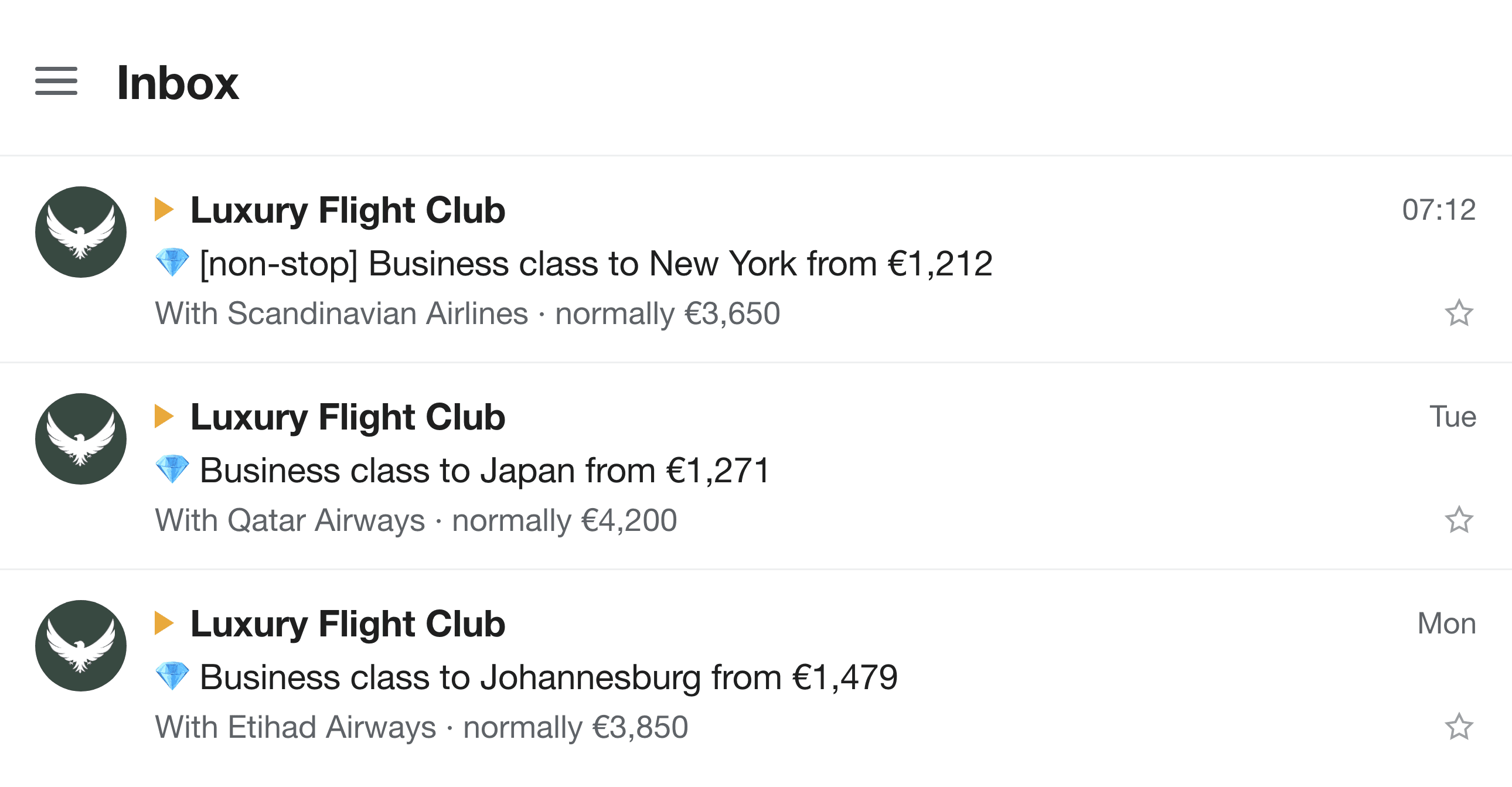 An inbox of fare alerts: business class to New York from €1,212, normally €3,650; business class to Japan from €1,271, normally €4,200; business class to Johannesburg from €1,479, normally €3,850.